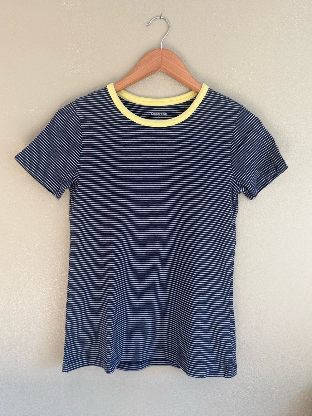 Lands End Navy Stripe Cotton Tee with Yellow Trim Women’s Size Small